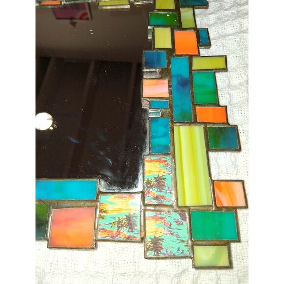 Handcrafted Stained Glass Mosaic Wall Mirror Mcm Handforged Atomic Retro - Picture 3 of 12